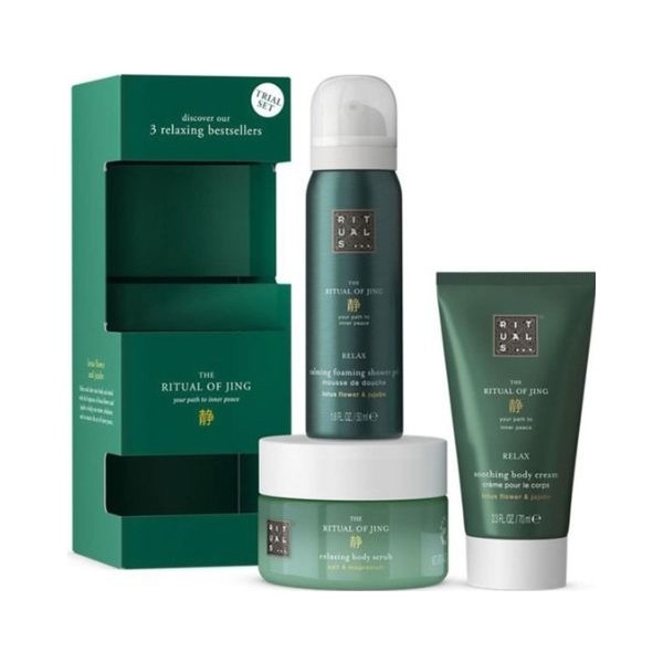 Rituals of jing exfoliante corporal 125ml + relax gel de baño 50ml + relax crema corporal 70ml