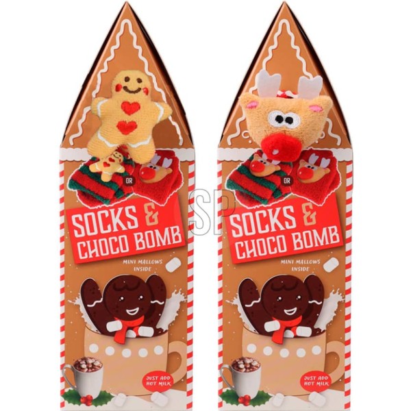 Caja navideña, contiene una taza, un par de calcetines y chocolatina, modelo variados